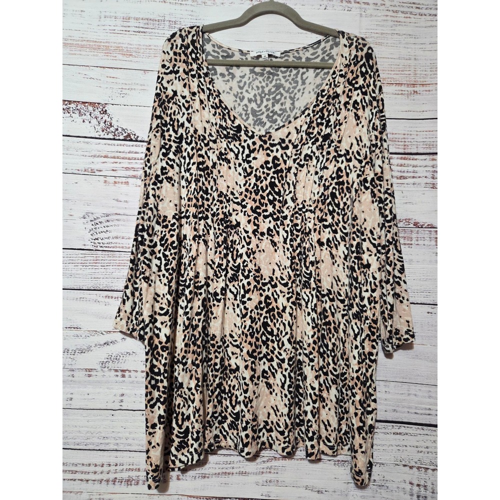 Rose + Olive Women 3X Tunic Top Animal Print Leopard V-Neck 3/4 Sleeve Pleated